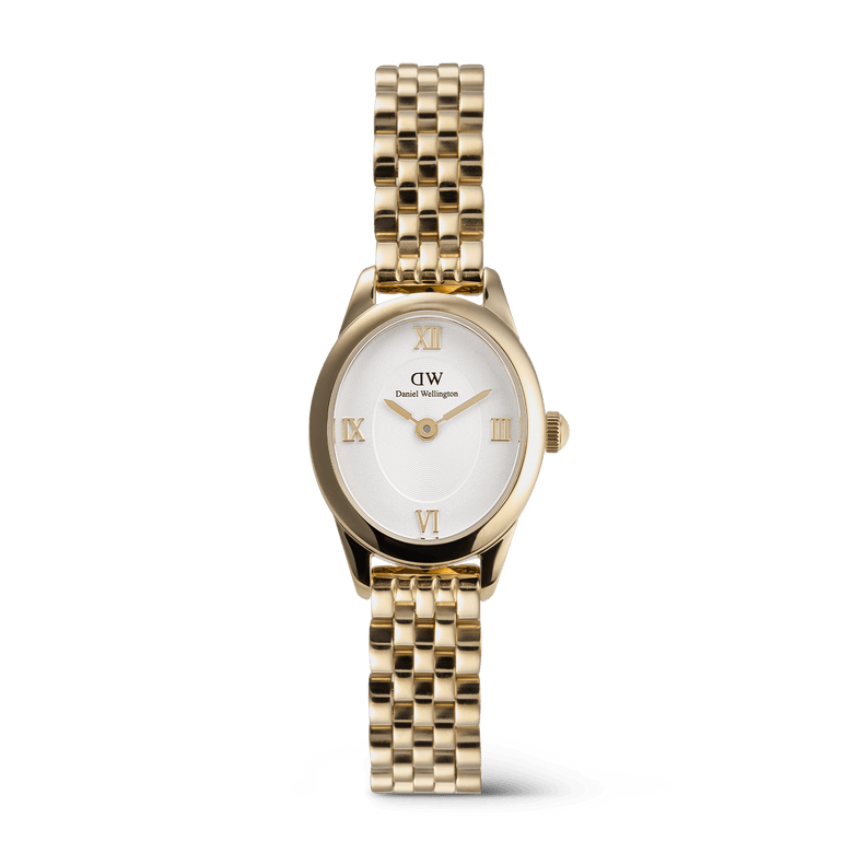Ophelia Mini Gold women’s watch with a petite oval case, white sunray dial, gold Roman numerals, and a polished gold 5-link bracelet, blending classic style with modern minimalist design.