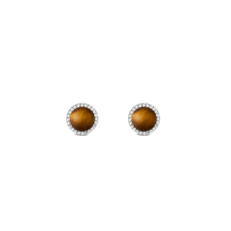 Pair of Audrey Earrings Tiger Eye Silver featuring round brown tiger eye stones set in polished silver, each surrounded by a halo of white cubic zirconia crystals for a refined, modern classic look.
