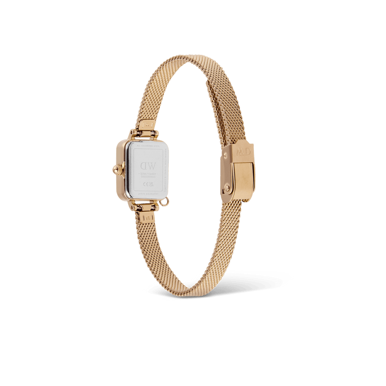 Rear view of the Daniel Wellington Quadro Mini Crystal Zodiac Evergold Set, showing the stainless steel case back and adjustable gold mesh strap with a secure clasp.