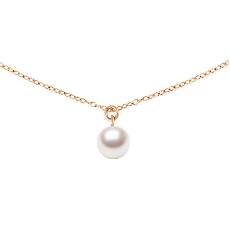 A delicate rose gold chain necklace featuring a single luminous Swarovski glass pearl pendant, designed with a minimal and elegant style.