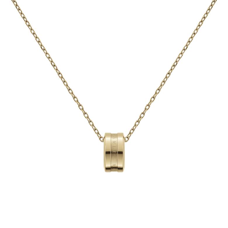 Elan Necklace Gold featuring a polished gold ring pendant engraved with the Daniel Wellington logo, suspended on a delicate adjustable chain.