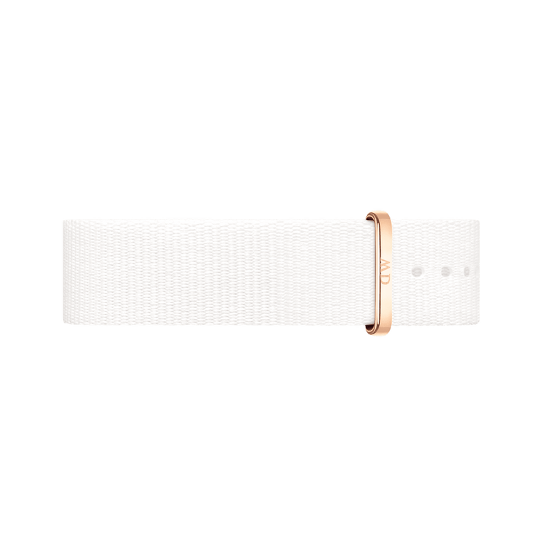 Dover Strap Rose Gold in crisp white polyester with a rose gold buckle, featuring a minimalist NATO style design and adjustable fit for various watch sizes.
