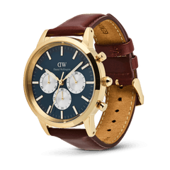 Daniel Wellington Iconic Chronograph Panda men's watch featuring a blue dial with gold detailing, three subdials, and a brown leather strap with gold buckle.