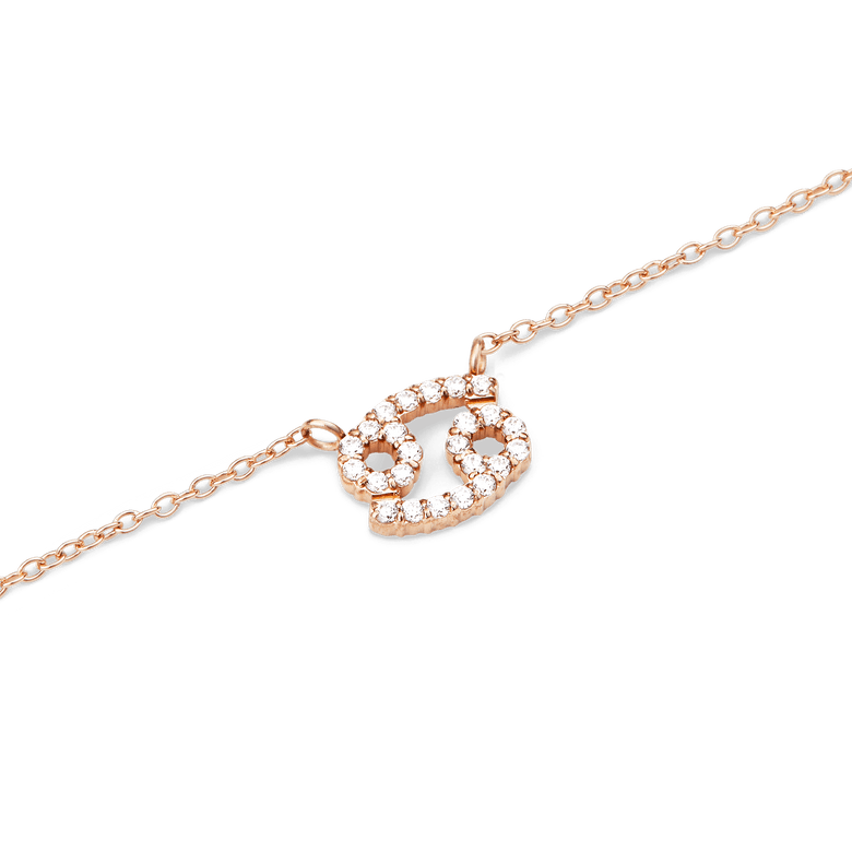 Close-up of the Crystal Zodiac Chain Necklace Rose Gold featuring a Cancer zodiac pendant set with sparkling crystals on a fine rose gold chain.