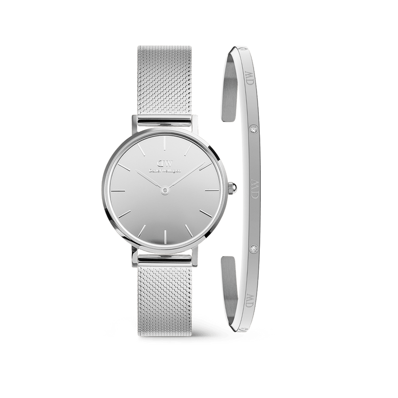 Silver mesh watch with a minimalist round dial paired with a slim silver bracelet featuring delicate diamanté accents, designed for women who prefer understated elegance and a cohesive jewellery look.