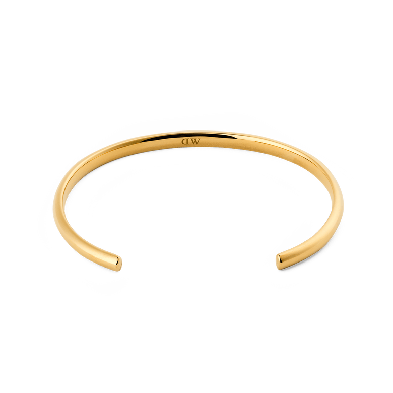 Arch Cuff Gold 4mm bracelet featuring a slim, open-ended shape with a polished gold finish and discreet logo inside, designed for comfortable daily wear and easy stacking with other jewellery.