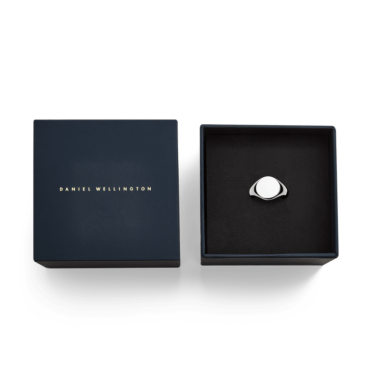 Classic Signet Ring Silver presented in a Daniel Wellington gift box, showcasing its polished minimalist design and elegant packaging, ideal for gifting or special occasions.