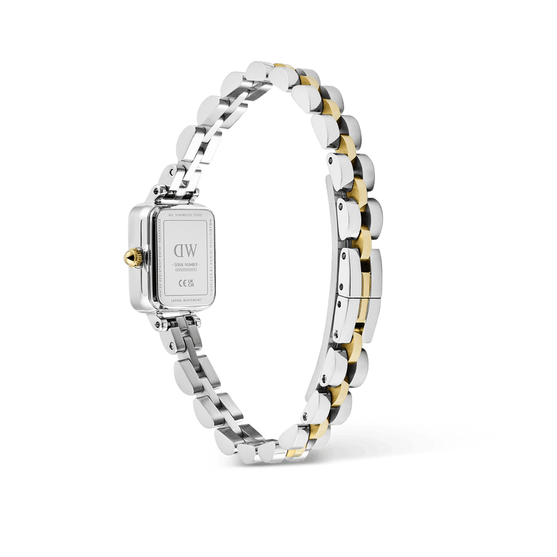 Rear view of the Quadro Mini Arch 3-Link Two Tone Gold, showing the stainless steel case back and polished two tone gold and silver 3-link bracelet with a secure butterfly clasp.