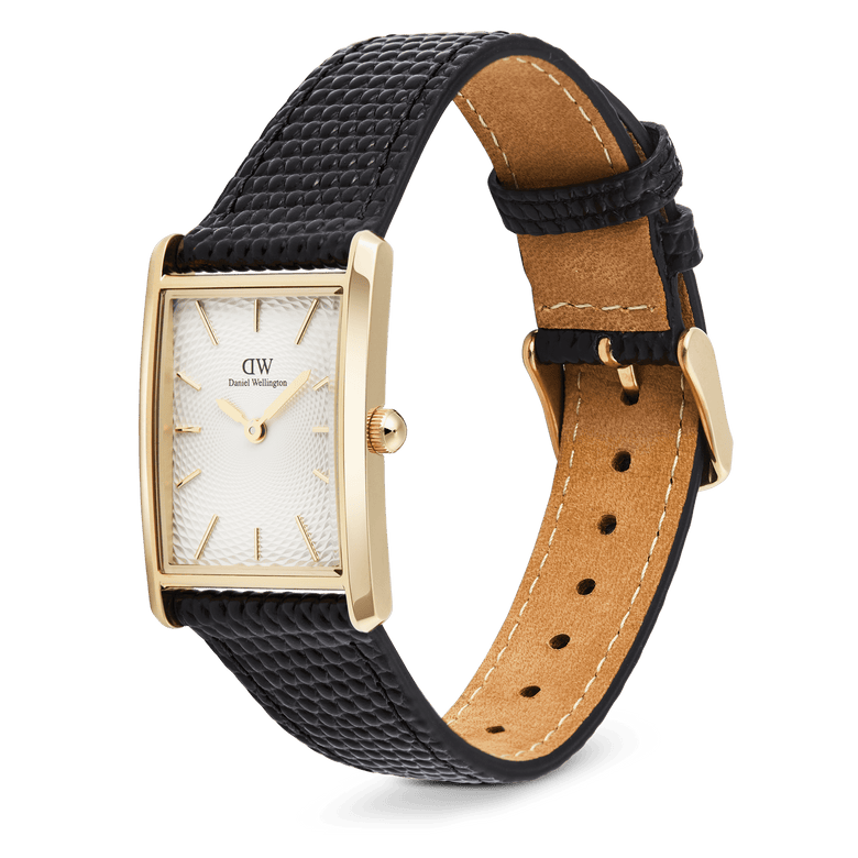 Bound Black Lizard Guilloché Gold men's watch featuring a rectangular gold-toned case, white textured guilloché dial, and a black lizard grain leather strap with a gold pin buckle, designed for versatile everyday wear.