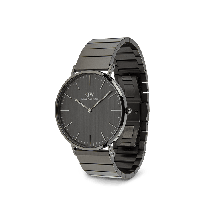 Classic Piano Link Graphite Unitone men's watch with a 40mm brushed graphite dial, minimalist markers, and a stainless steel piano link bracelet in a matte graphite finish.