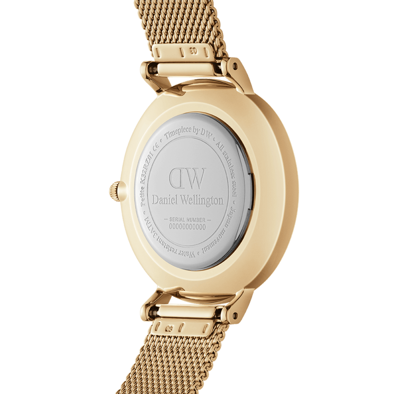 Back view of the Petite Lumine Bezel Evergold MOP gold watch, showing the engraved case back and adjustable gold mesh strap, highlighting its quality craftsmanship and attention to detail.