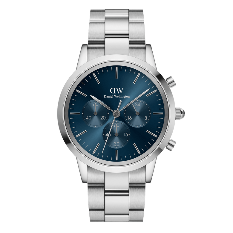 Iconic Chronograph Arctic S men's watch featuring a deep blue sunray dial, three chronograph sub-dials, and a polished silver stainless steel bracelet.