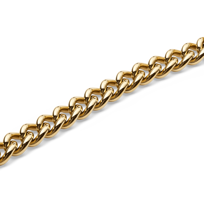 Close-up of the Chunky Chain Necklace Gold showing the polished, rounded gold links and smooth PVD gold finish, highlighting the necklace’s bold and modern design.