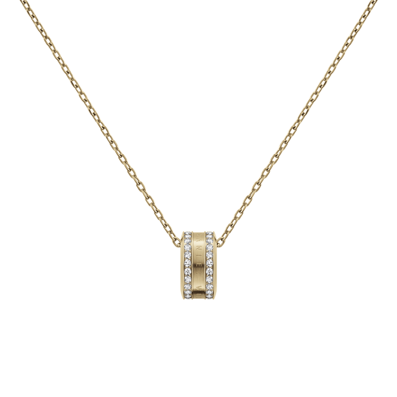 Gold Elan Lumine Necklace featuring a polished ring pendant with two rows of sparkling crystals on a delicate cable chain, ideal for layering or wearing alone for a refined, minimalist look.