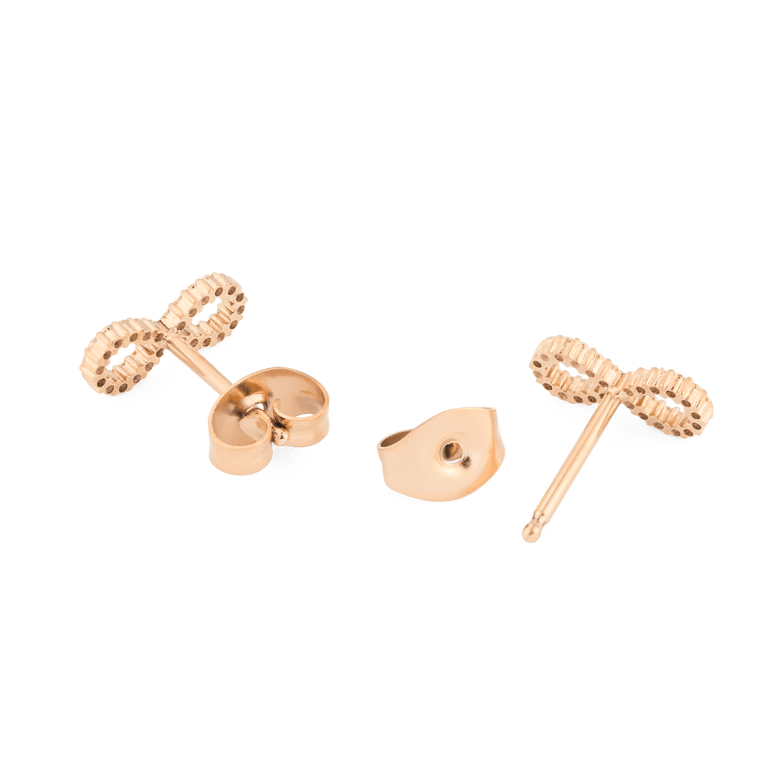 Mirelle Infinity Earring Rose Gold shown from the back and side, highlighting the rose gold finish, secure butterfly backs, and fine detailing on the infinity-shaped studs.
