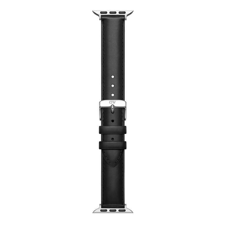 Smartwatch Strap Leather Silver designed for Apple Watch, featuring genuine black leather with neat stitching, adjustable holes, and silver hardware for a refined and comfortable fit.