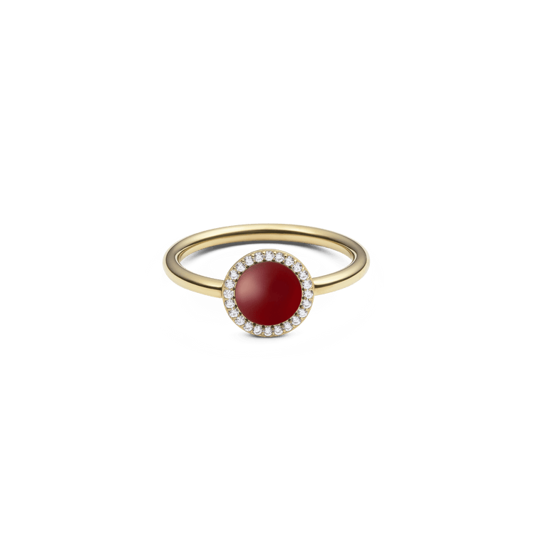 Gold ring with a round red agate stone at the centre, surrounded by a halo of white cubic zirconia crystals on a slim gold band.