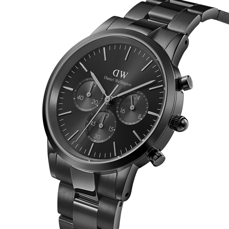 Iconic Chronograph Link Onyx B men's watch with a black stainless steel link bracelet, featuring a black sunray dial, three chronograph sub-dials, and minimalist hour markers.