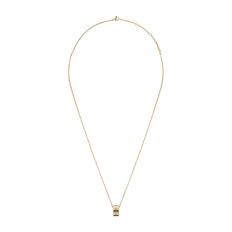 Elan Necklace Gold with an adjustable fine chain and a sleek gold ring pendant engraved with the Daniel Wellington logo, shown in a full-length view.