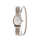 Ophelia Mini & Tennis Bracelet Apricot Silver Set featuring a petite oval watch with a two-tone silver and rose gold strap, paired with a slim tennis bracelet adorned with apricot-coloured crystals.