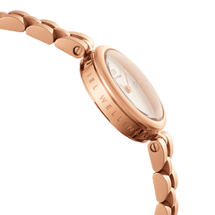Side profile of the Elan Lumine Rose Gold ladies watch showcasing the engraved case, rose gold three-link bracelet, and minimalist dial with crystal markers.