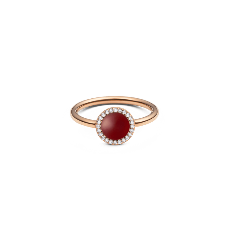 Rose gold ring featuring a domed red agate stone at the centre, encircled by a halo of white cubic zirconia crystals on a slim, polished band.