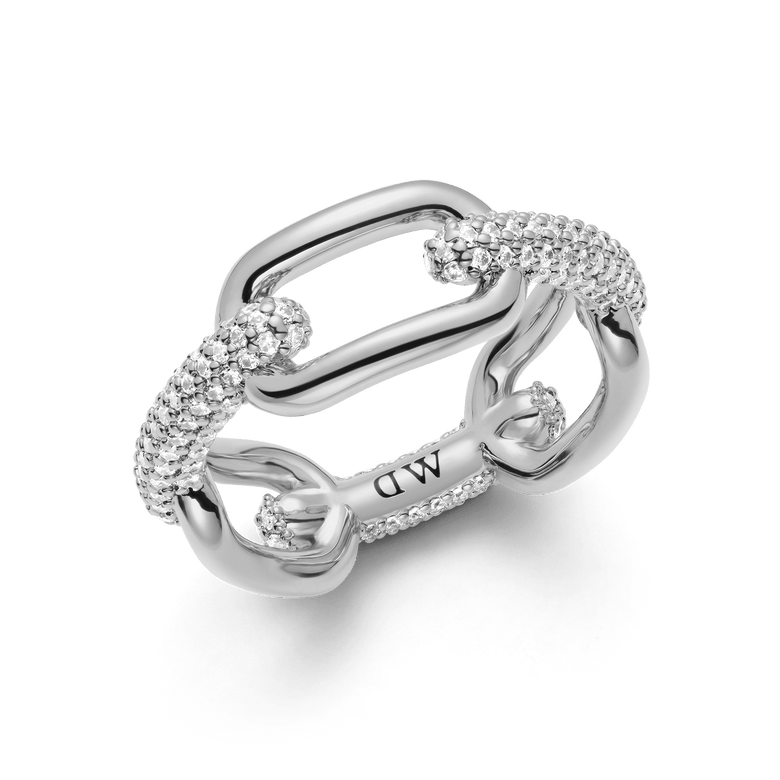 Crystal Link Ring Silver featuring chunky chain links and pavé-set cubic zirconia crystals, with a polished finish and distinctive link shape.