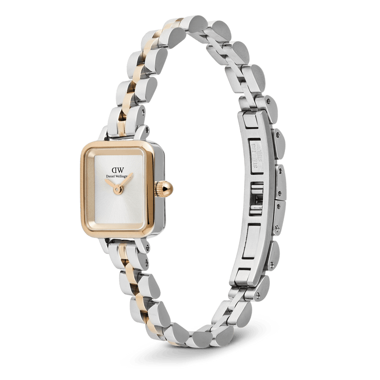 Quadro Mini Arch 3-Link Two Tone Rose Gold ladies watch featuring a slim rectangular case, minimalist white dial, and a polished silver and rose gold 3-link bracelet with a secure butterfly clasp.