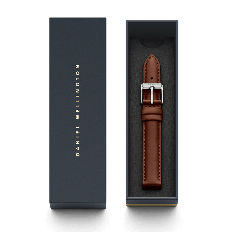 St Mawes Strap Silver presented in a Daniel Wellington gift box, featuring a brown genuine leather watch strap with a polished silver buckle and neat stitching, ideal for gifting or updating your watch.