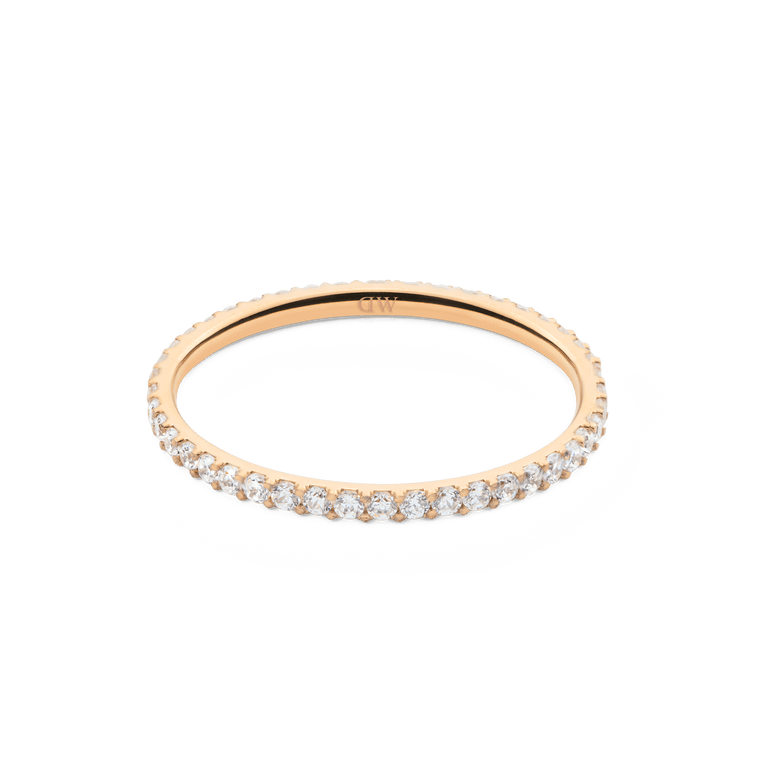 The Mirelle Eternity Ring Rose Gold 1.4 mm showcases a continuous circle of white cubic zirconia crystals on a slim rose gold band, offering a refined and modern jewellery piece.