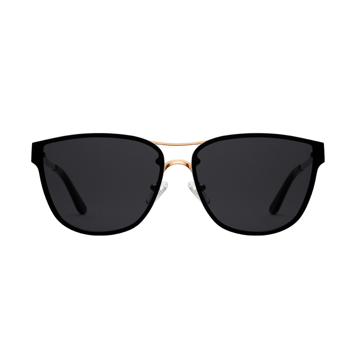Ambler Steel Rose Gold sunglasses featuring a lightweight rose gold plated stainless steel frame, softly rounded silhouette, and dark impact-resistant nylon lenses with adjustable silicone nose pads and black temple tips.