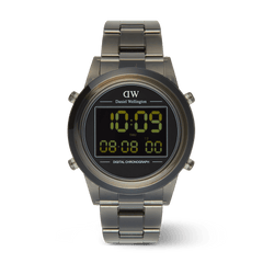 Daniel Wellington Retro Digital Dark Grey Dark Grey watch featuring a square digital display, bold dark grey finish, and a transparent bio-based plastic link strap with chronograph and dual time functions.