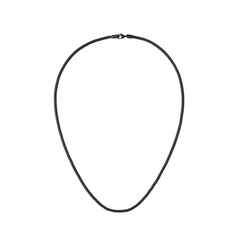 Black mesh chain necklace with a sleek, minimal design and a secure lobster clasp, crafted from 316L stainless steel for a modern, versatile accessory.