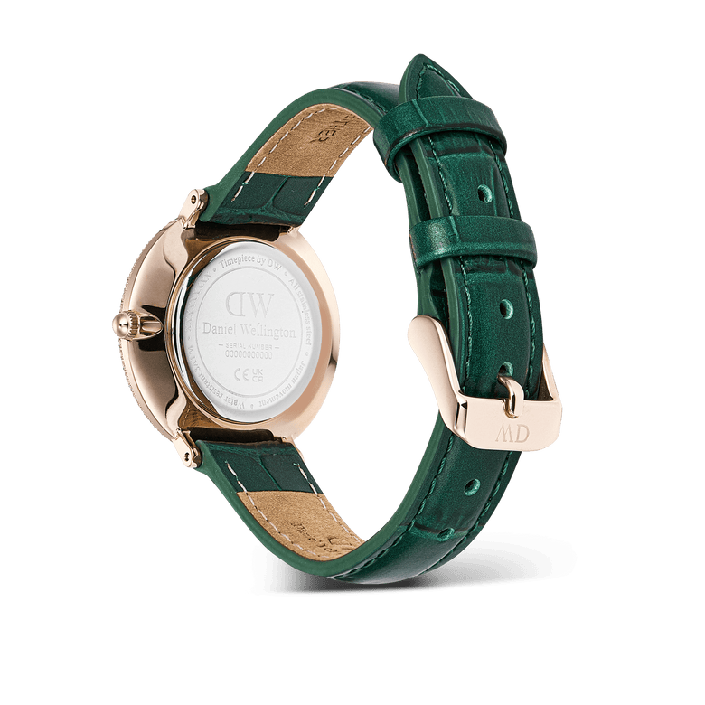 Rear view of the Crystalline Bezel Green Croc Rose Gold ladies watch, showing the rose gold-plated case, engraved back, and adjustable emerald green crocodile-embossed leather strap with a rose gold buckle.