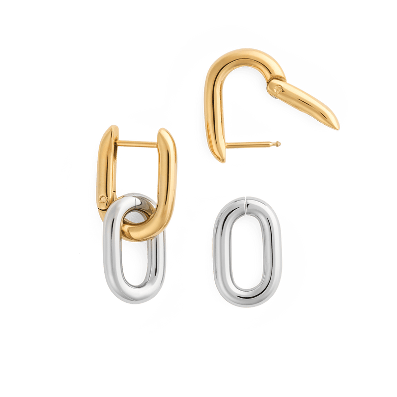 Contrast Link Earrings Two Tone Gold featuring polished gold hoops with removable silver links, shown with one earring separated to highlight the convertible design and secure fastening.
