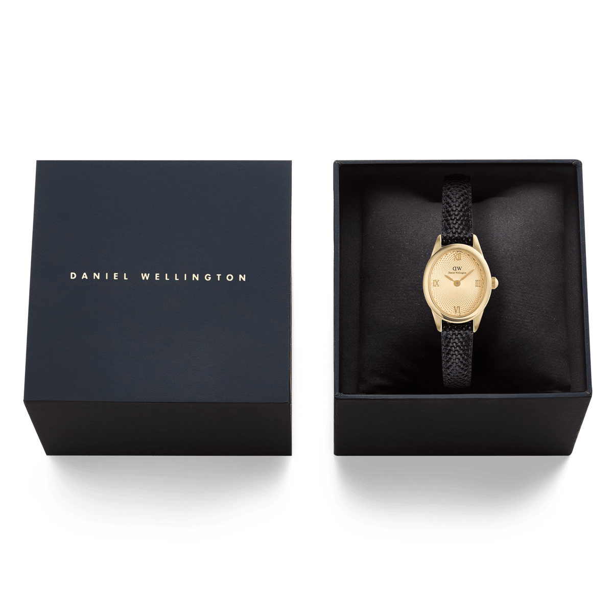 Daniel Wellington Ophelia Mini Black Lizard Unitone Guilloché Gold watch presented in a black gift box, featuring a gold oval case, textured gold dial, and black lizard-embossed leather strap.