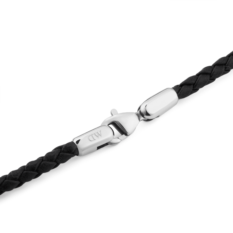 Detail of the Daniel Braided Leather Bracelet Sheffield 2.8 Silver, featuring a tightly woven black leather strap and a polished silver stainless steel lobster clasp.