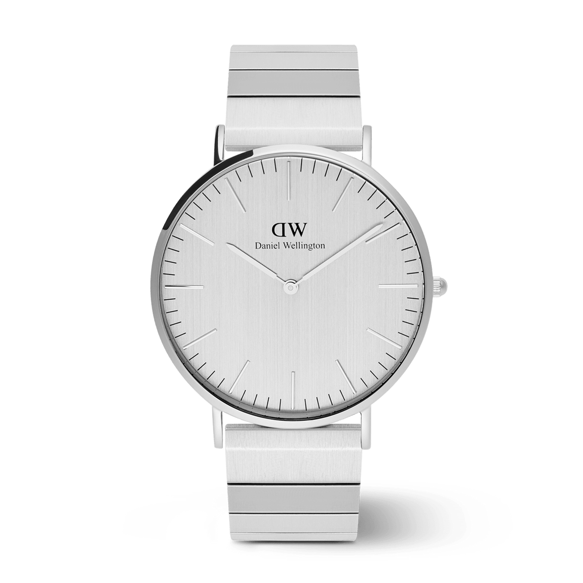Classic Piano Link Silver Unitone men's watch featuring a brushed silver 40mm dial, minimalist hour markers, and a geometric stainless steel bracelet with a butterfly clasp.