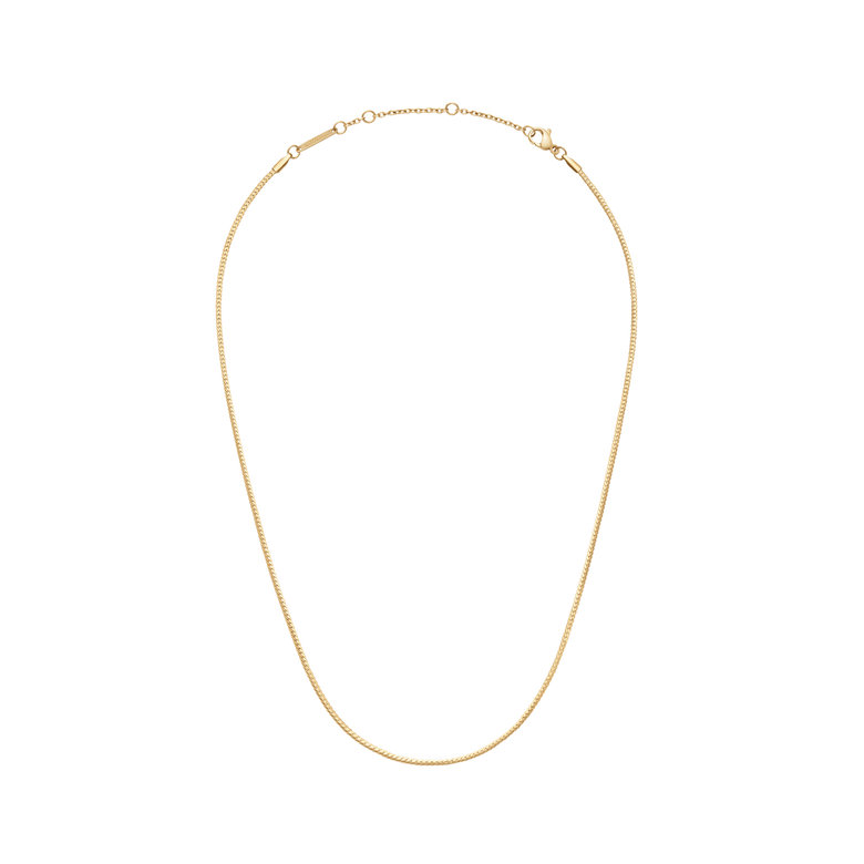 Flat Chain Necklace G featuring a slim, flat gold chain with adjustable length and a secure clasp, designed for a minimalist and elegant look.
