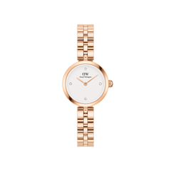 Elan Lumine Rose Gold ladies watch with a petite 22mm case, white minimalist dial, crystal markers, and a classic three-link rose gold bracelet.
