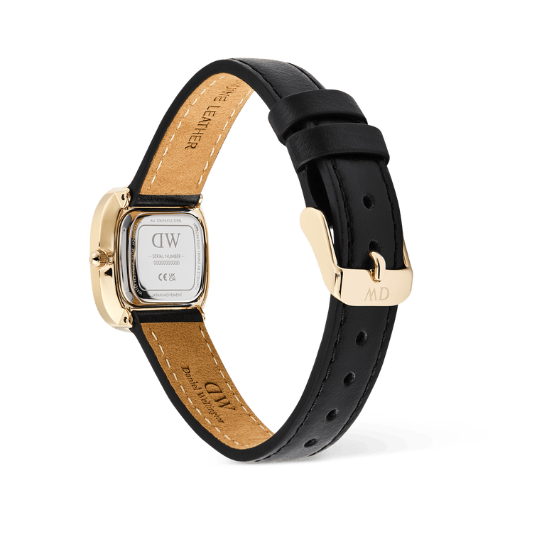 Rear view of the Margot Sheffield Unitone Sunray Gold ladies watch, showing the gold case back, genuine leather strap with adjustable holes, and polished gold buckle.