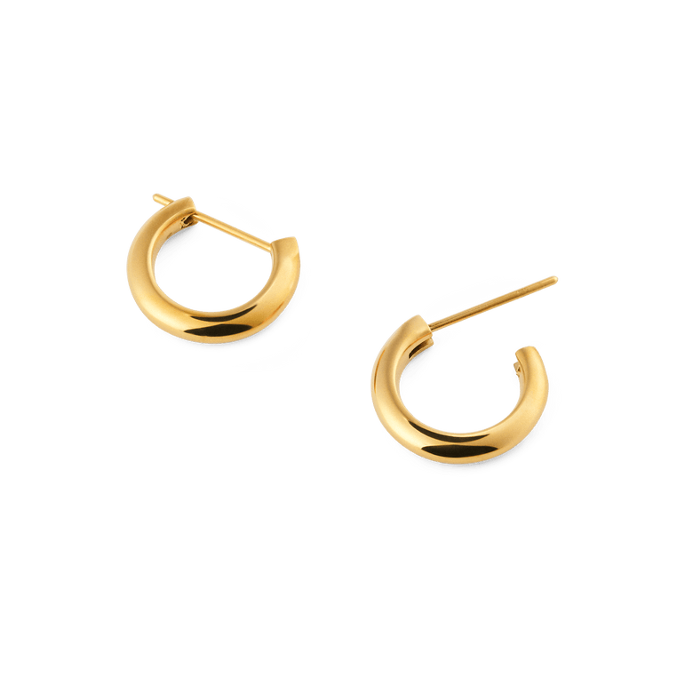 A pair of Arch Earring Gold 9mm hoop earrings with a minimalist, rounded design and polished gold finish, shown with secure pin posts for easy everyday wear.