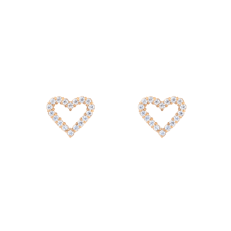 Pair of Mirelle Heart Earring Rose Gold studs featuring an open heart shape outlined with white cubic zirconia crystals, set in a rose gold finish.