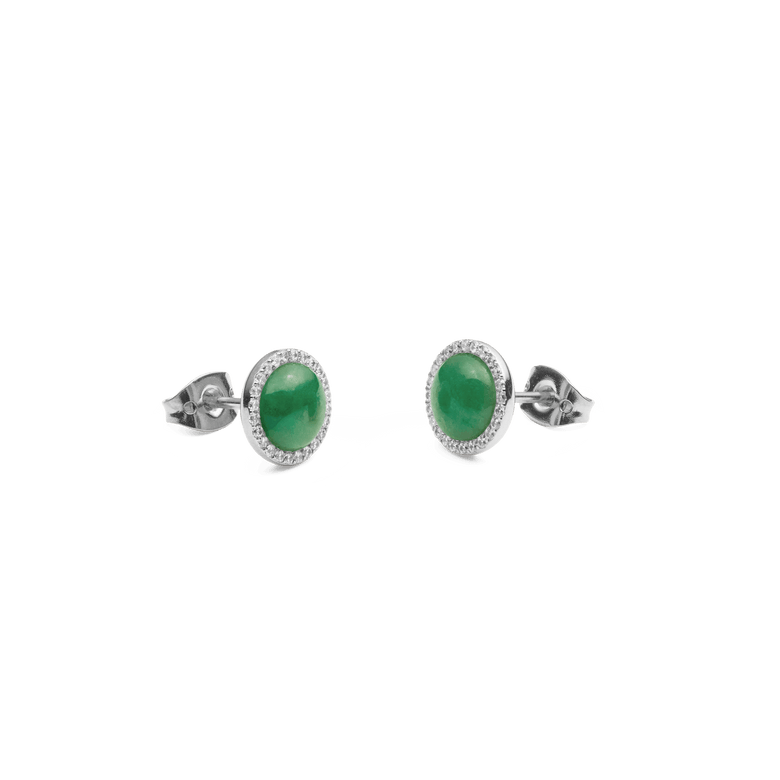 Daniel Wellington Audrey Earrings Jade Silver featuring round green jade stones set in polished silver, each surrounded by a halo of sparkling white cubic zirconia and finished with secure butterfly clasps.