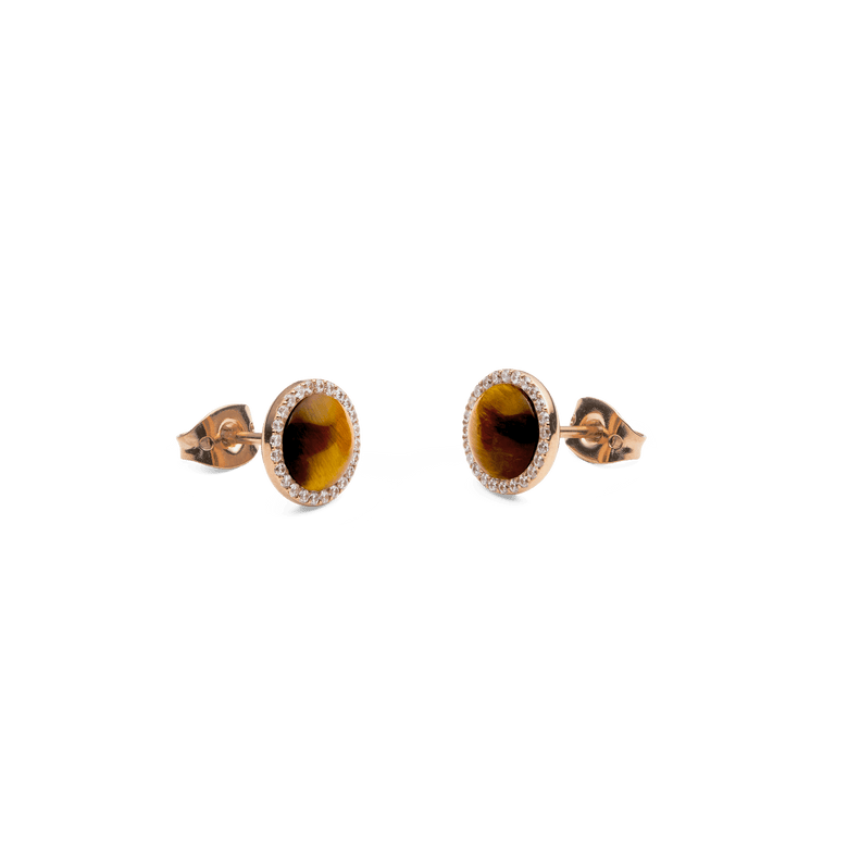 Audrey Earrings Tiger Eye Rose Gold feature round tiger eye stones set in rose gold, bordered by a halo of sparkling white cubic zirconia crystals and finished with secure stud backs.