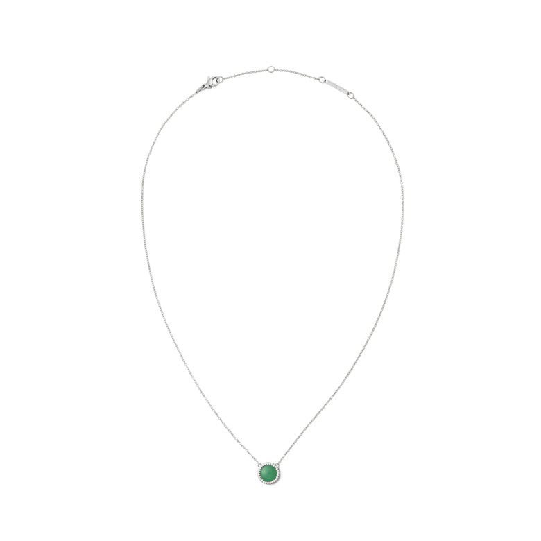 Silver necklace with a fine chain featuring a round green jade pendant framed by white cubic zirconia crystals, offering a minimalist and elegant look.
