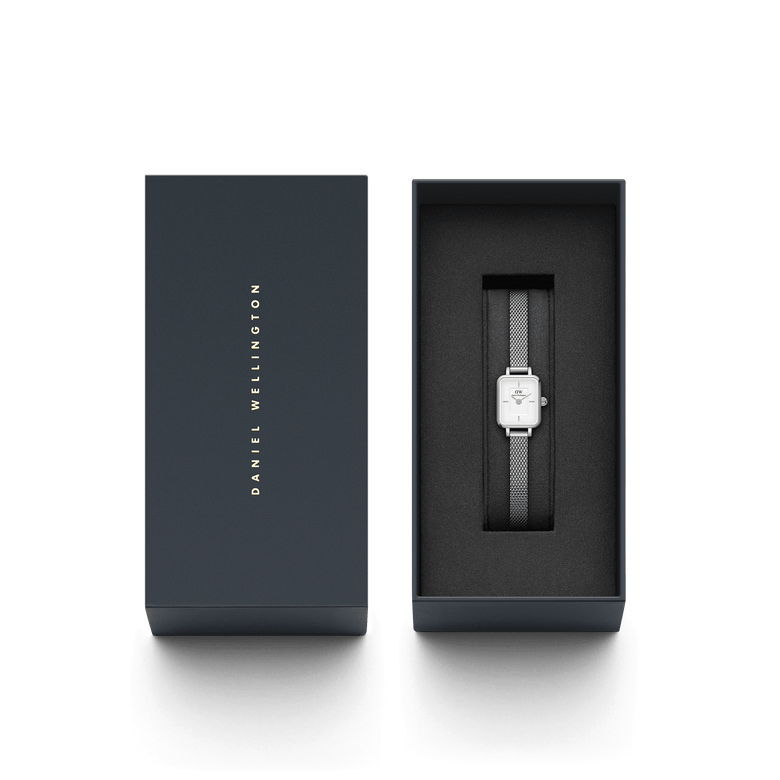 Quadro Mini Sterling silver ladies watch presented in a sleek black Daniel Wellington gift box, featuring a petite rectangular case and polished mesh strap.