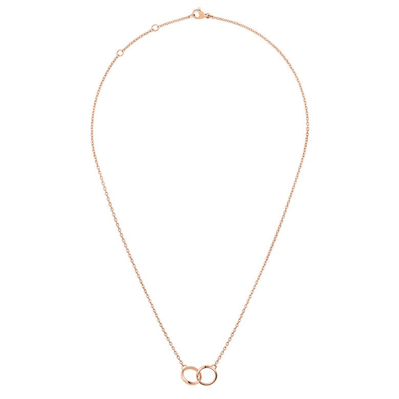 Classic Lumine Unity Rose Gold necklace with a fine adjustable chain and two interlocking rose gold rings as a pendant, designed for a minimalist and elegant look.