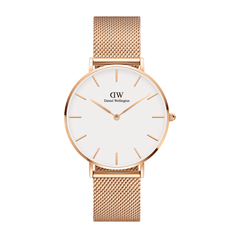 Petite Melrose Rose Gold women’s watch featuring a large eggshell white dial, rose gold minimalist hour markers and hands, and a finely woven rose gold mesh strap for a sophisticated, contemporary style.