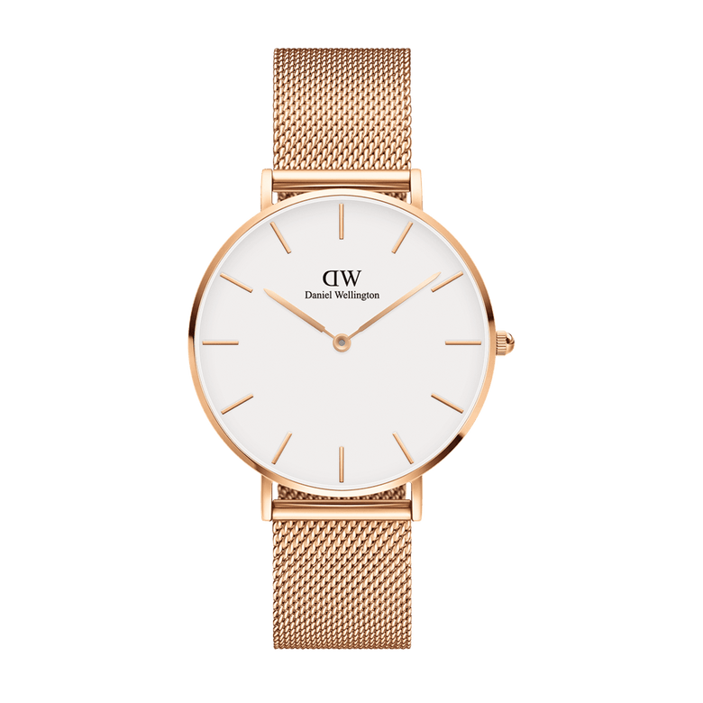 Petite Melrose Rose Gold women’s watch featuring a large eggshell white dial, rose gold minimalist hour markers and hands, and a finely woven rose gold mesh strap for a sophisticated, contemporary style.
